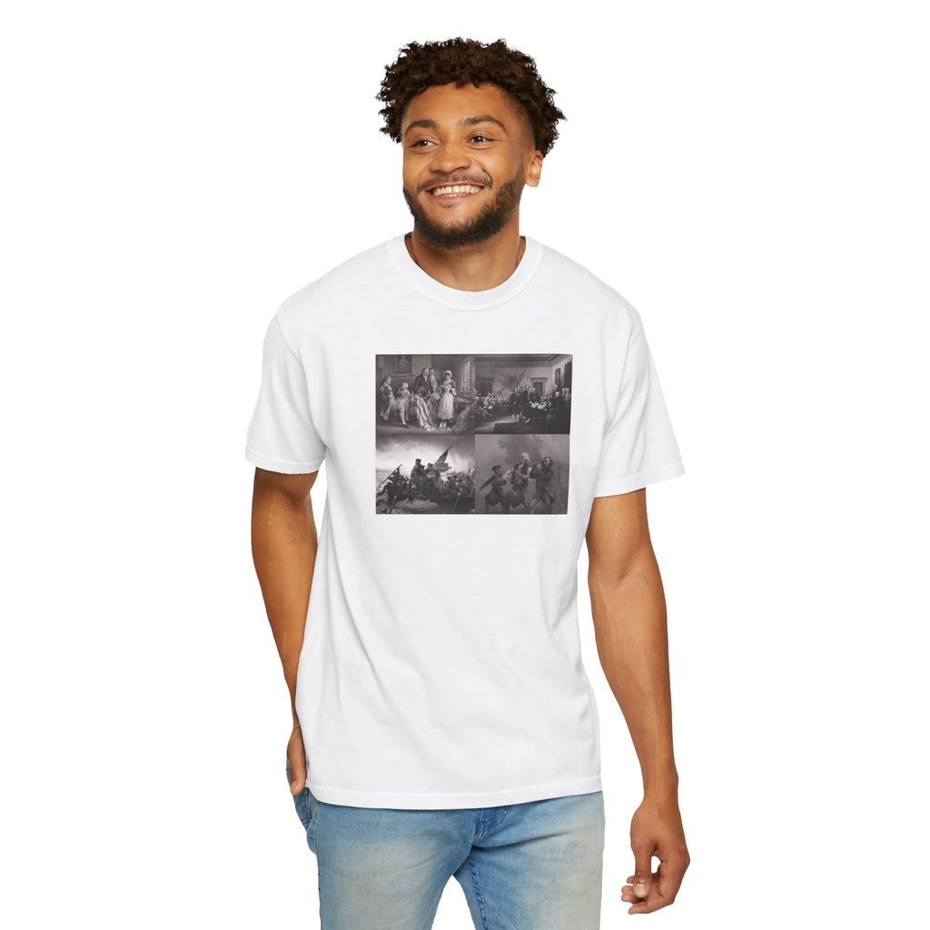 Smiling man wearing a White Comfort Colors t-shirt printed with a montage of four revolutionary war era paintings