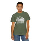 Person wearing Stronger Than The Storm faith t-shirt in Sage 