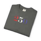 Folded pepper-colored t-shirt with '250' embroidered in red, white, and blue