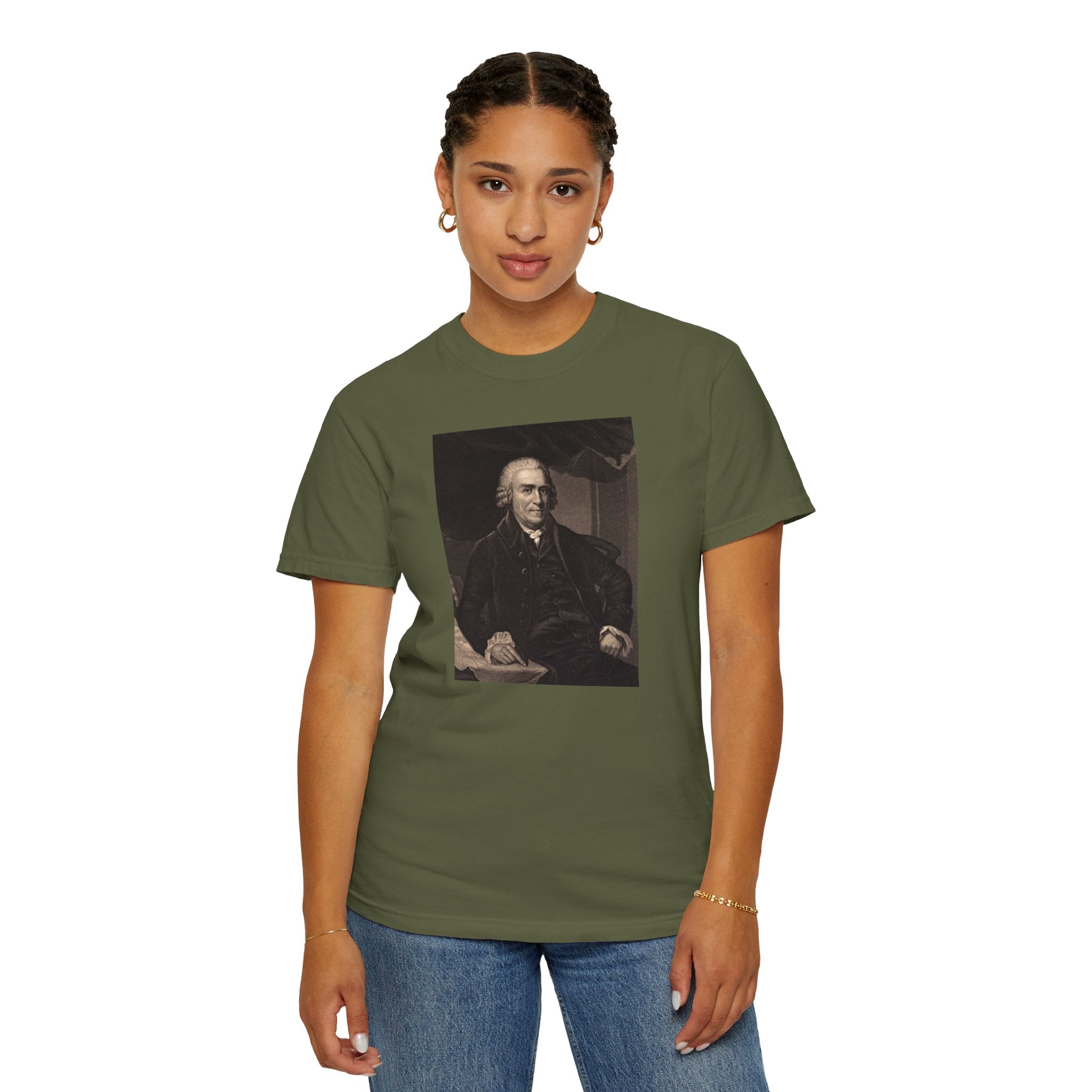 Female model wearing Samuel Adams mezzotint portrait t-shirt in hemp