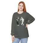 Woman wearing Koko the Clown and Dancing Ghost long sleeve t-shirt in pepper