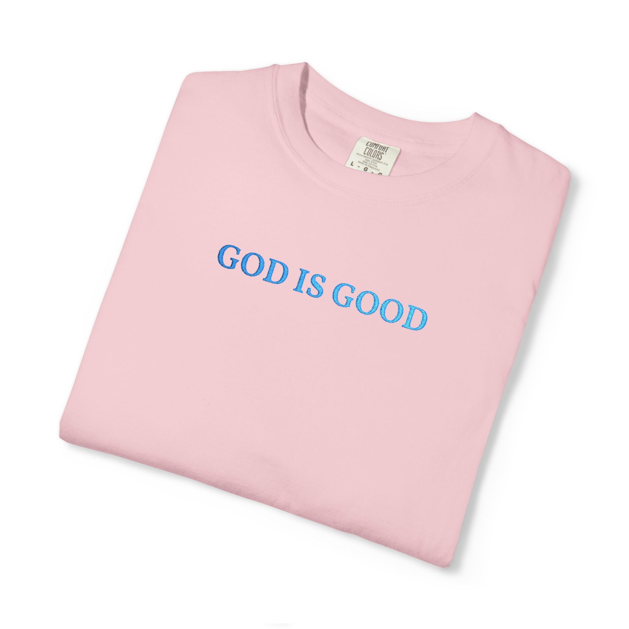 Folded Blossom t-shirt embroidered with 'GOD IS GOOD' in cornflower blue thread