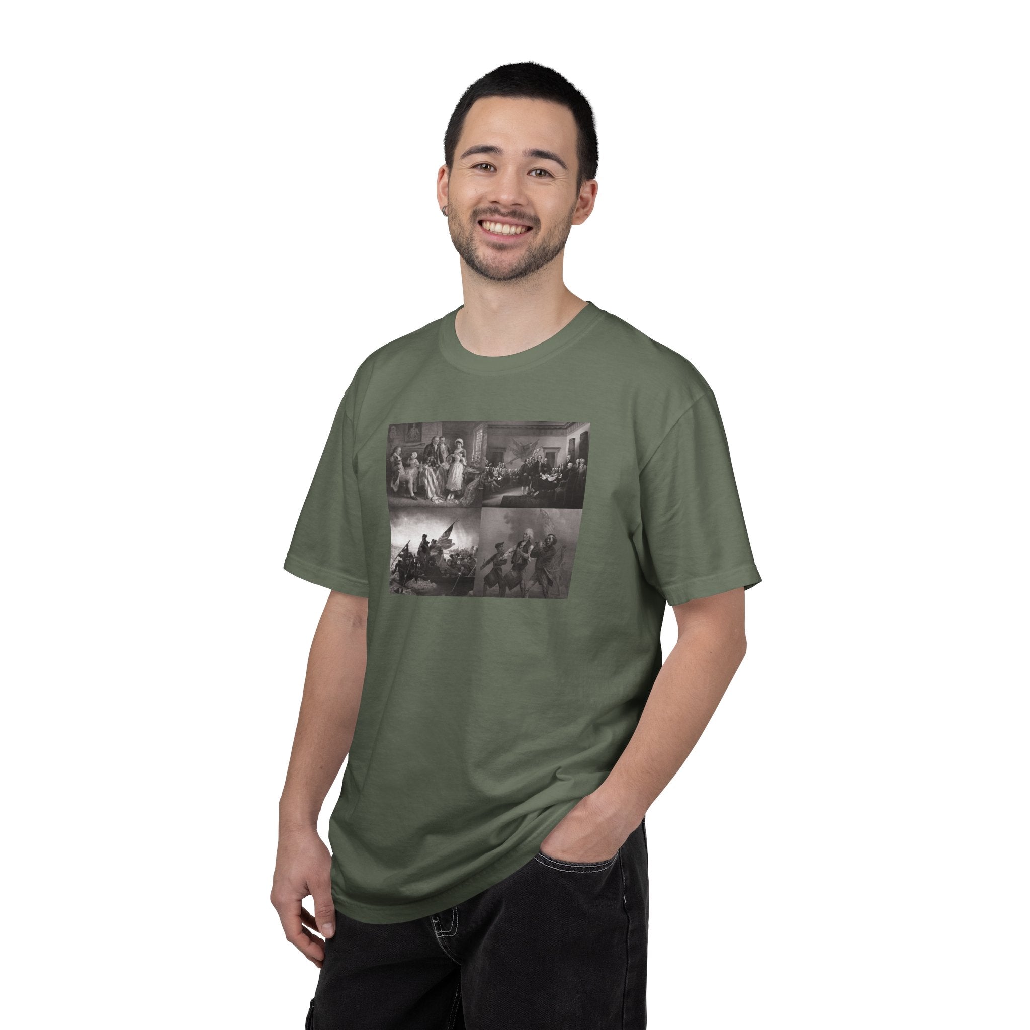 Man wearing a Moss Comfort Colors t-shirt printed with a montage of four revolutionary war era paintings