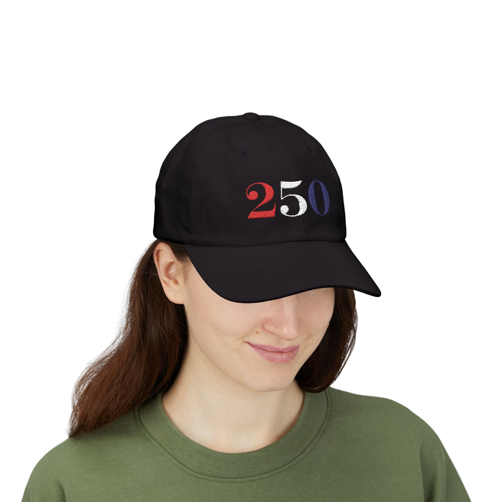 Female model wearing embroidered America 250 bold embroidered dad cap in black