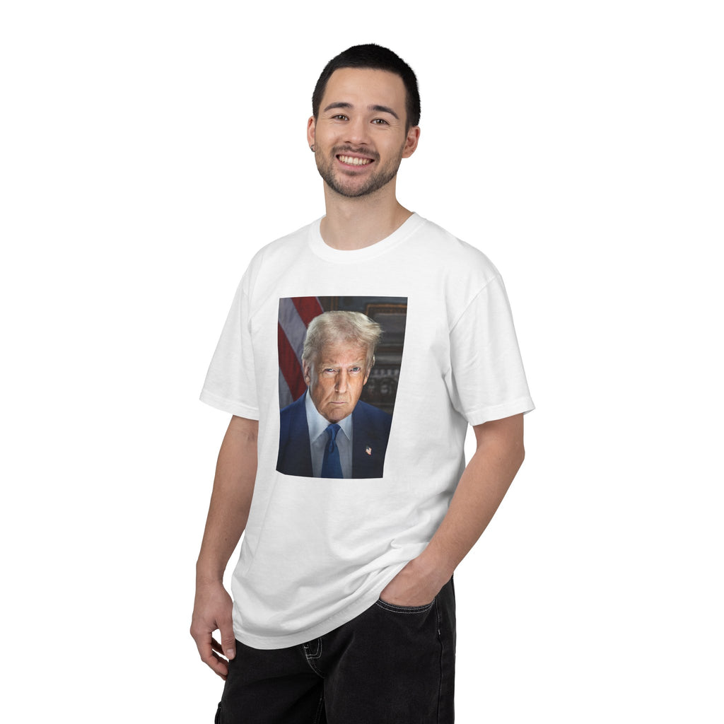 Man wearing Donald Trump 47 patriotic t-shirt in white