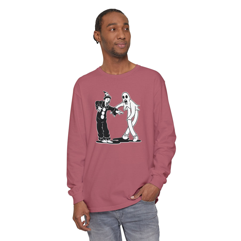 Man wearing Koko the Clown and Dancing Ghost long sleeve t-shirt in crimson