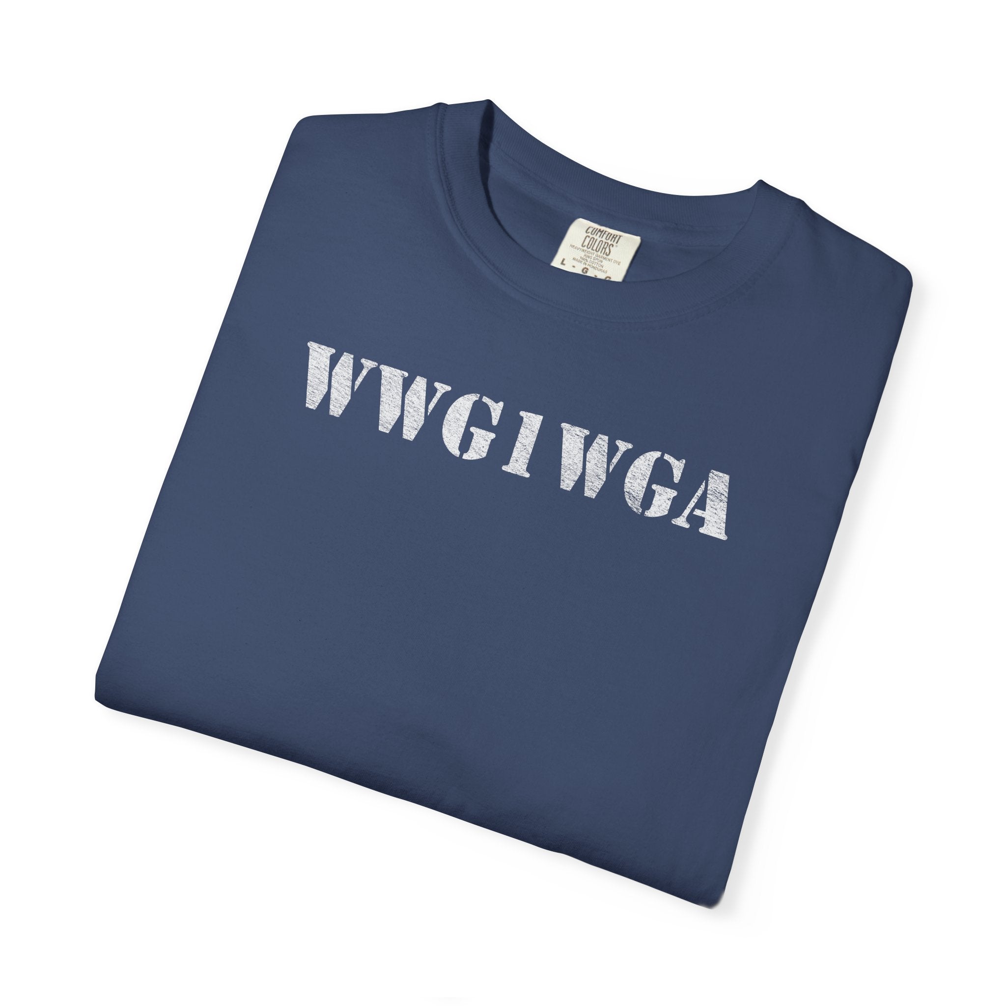 folded WWG1WGA distressed stencil t-shirt in china blue