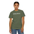 Woman wearing 'WWG1WGA' stenciled t-shirt in sage