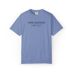 Washed Denim Comfort Colors t-shirt with embroidered 'One Nation under God' in blue thread