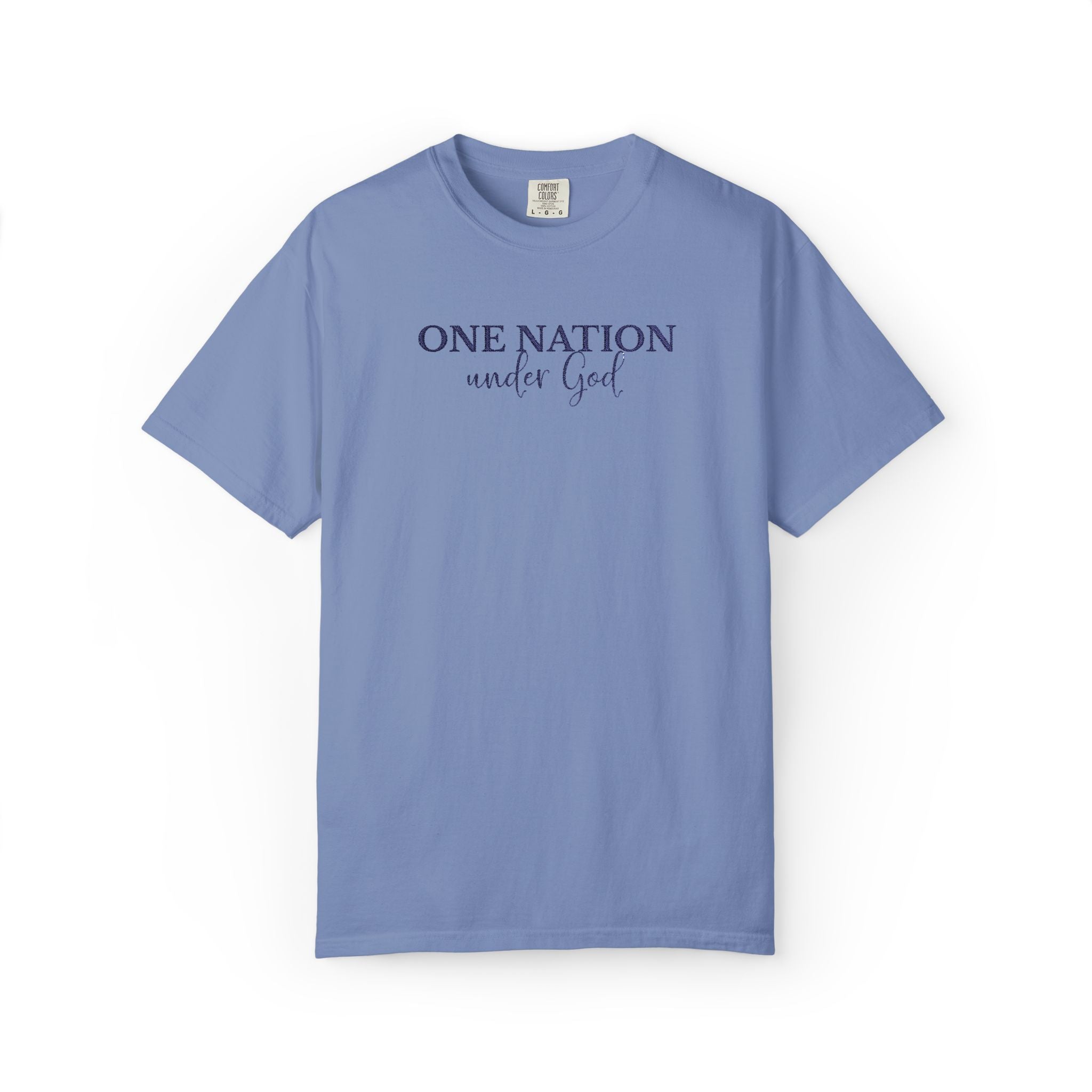 Washed Denim Comfort Colors t-shirt with embroidered 'One Nation under God' in blue thread