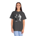 Model wearing oversized Koko the Clown Dancing Ghost t-shirt in graphite