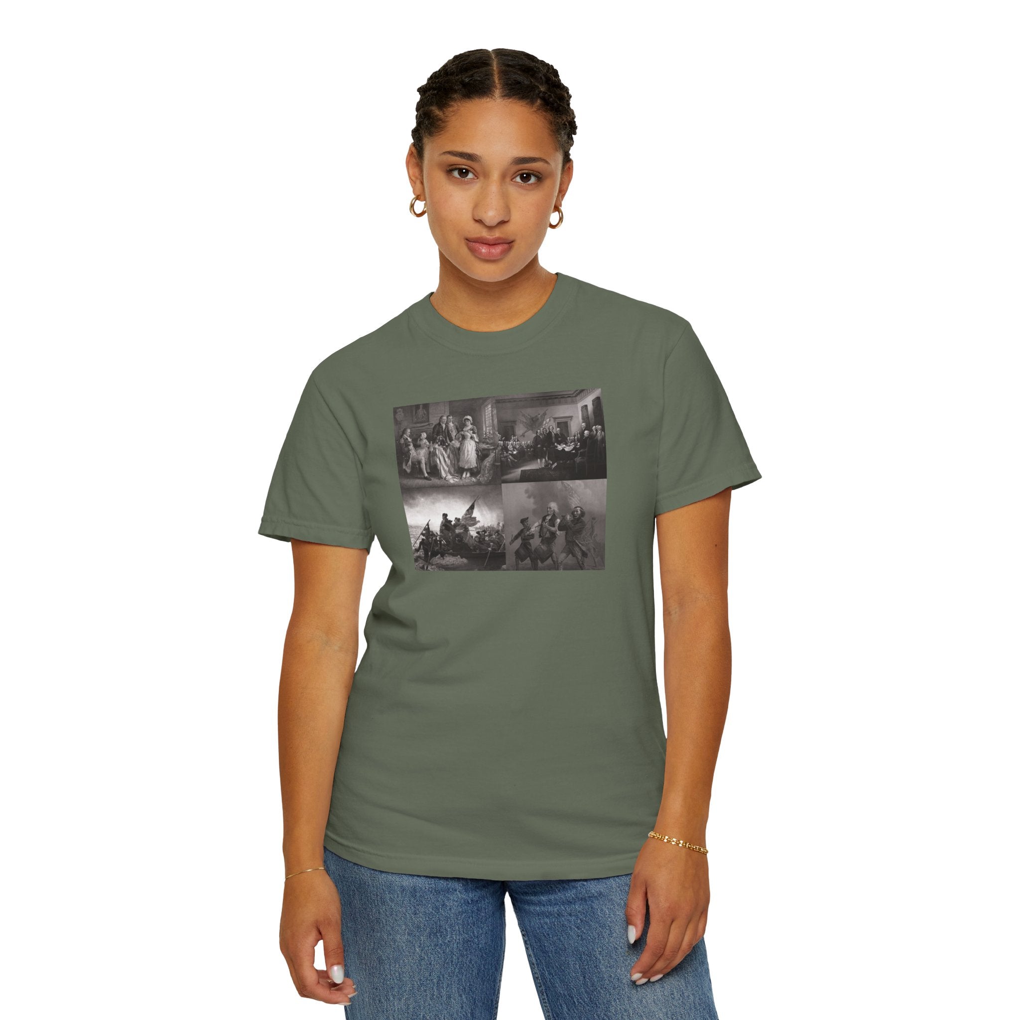 Woman wearing a Moss Comfort Colors t-shirt printed with a montage of four revolutionary war era paintings