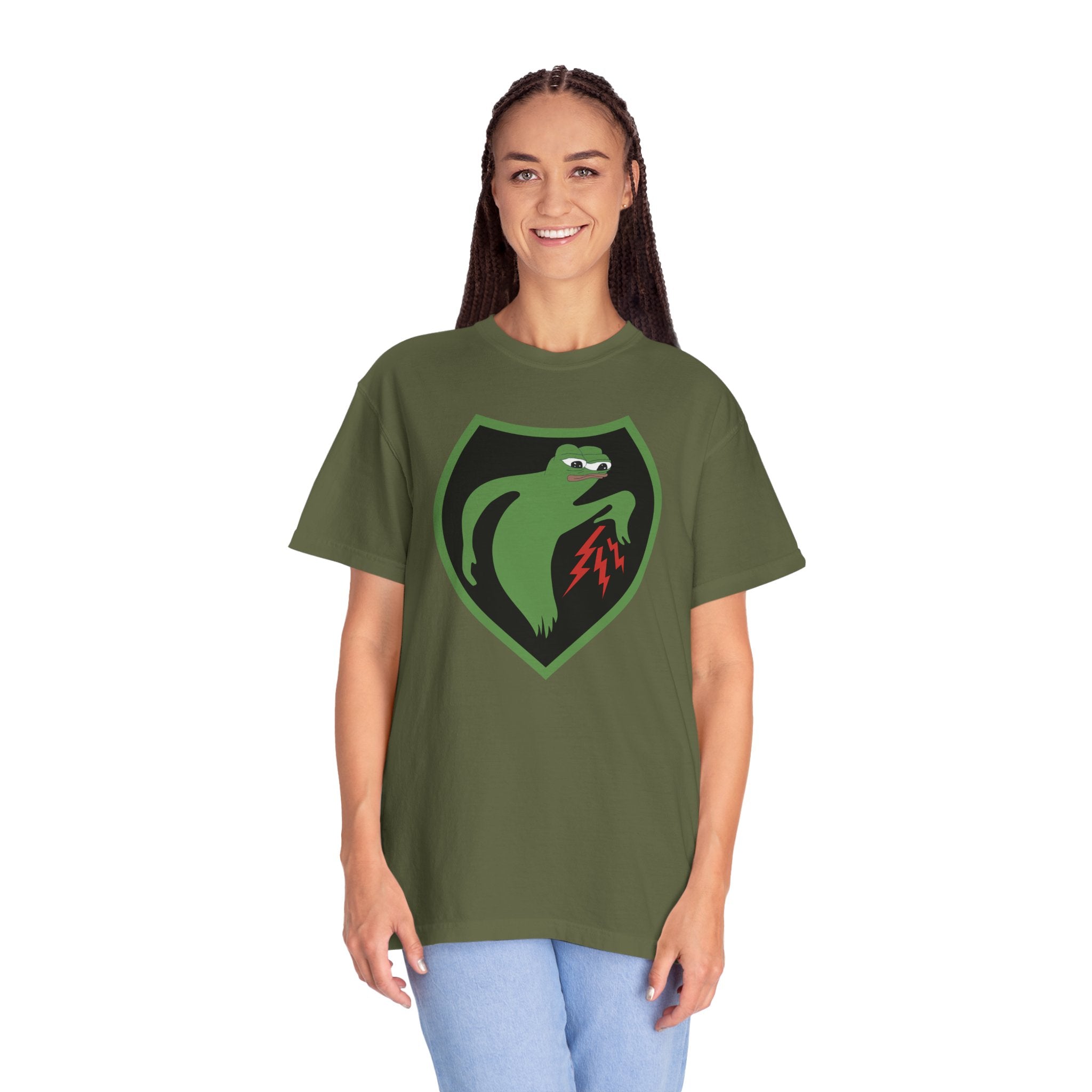 Woman wearing oversized Apu Ghost Army meme t-shirt in hemp