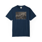 True Navy Comfort Colors t-shirt with a printed design of Trumbull's  'Declaration of Independence' painting with '1776-2026' in overlapping revolutionary era text
