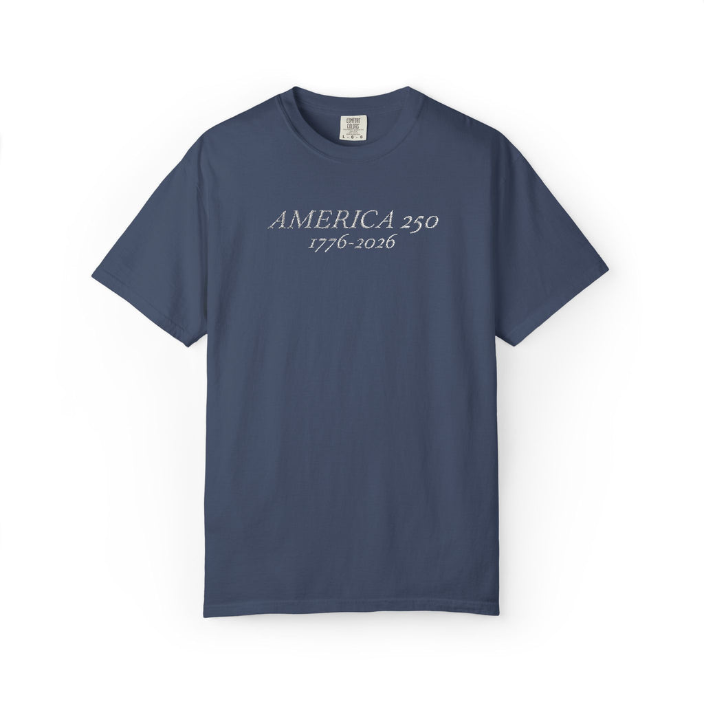 Midnight Comfort Colors t-shirt with 'AMERICA 250 1776-2026' embroidered in white thread