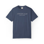 Midnight Comfort Colors t-shirt with 'AMERICA 250 1776-2026' embroidered in white thread
