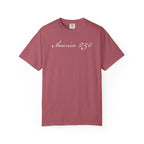 America 250 script patriotic t-shirt with  elegant script lettering in crimson