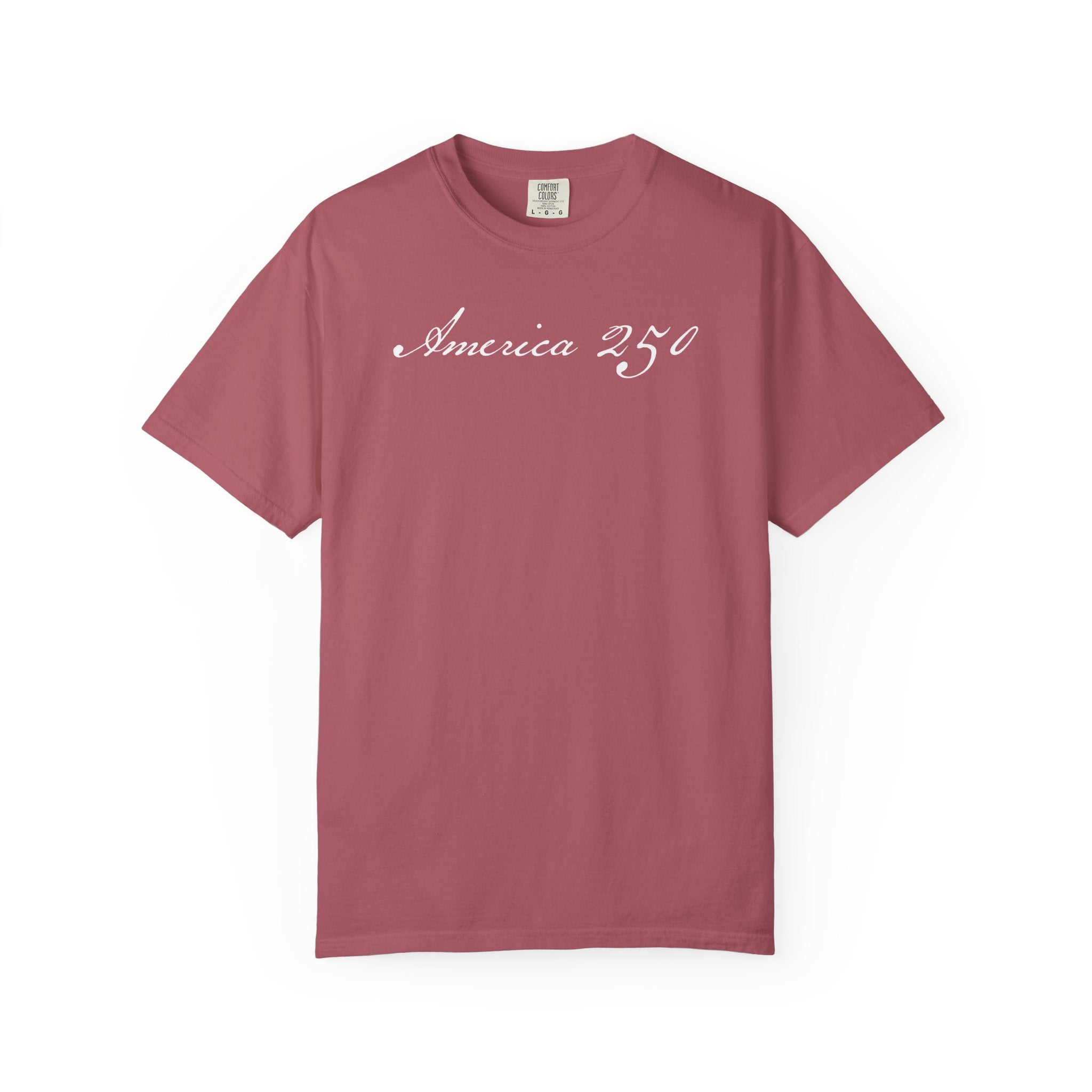 America 250 script patriotic t-shirt with  elegant script lettering in crimson