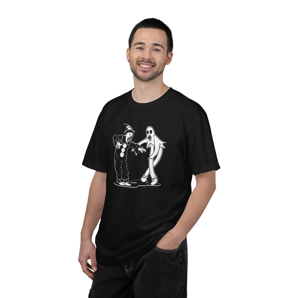 Person wearing Koko the Clown Dancing Ghost meme t-shirt in black