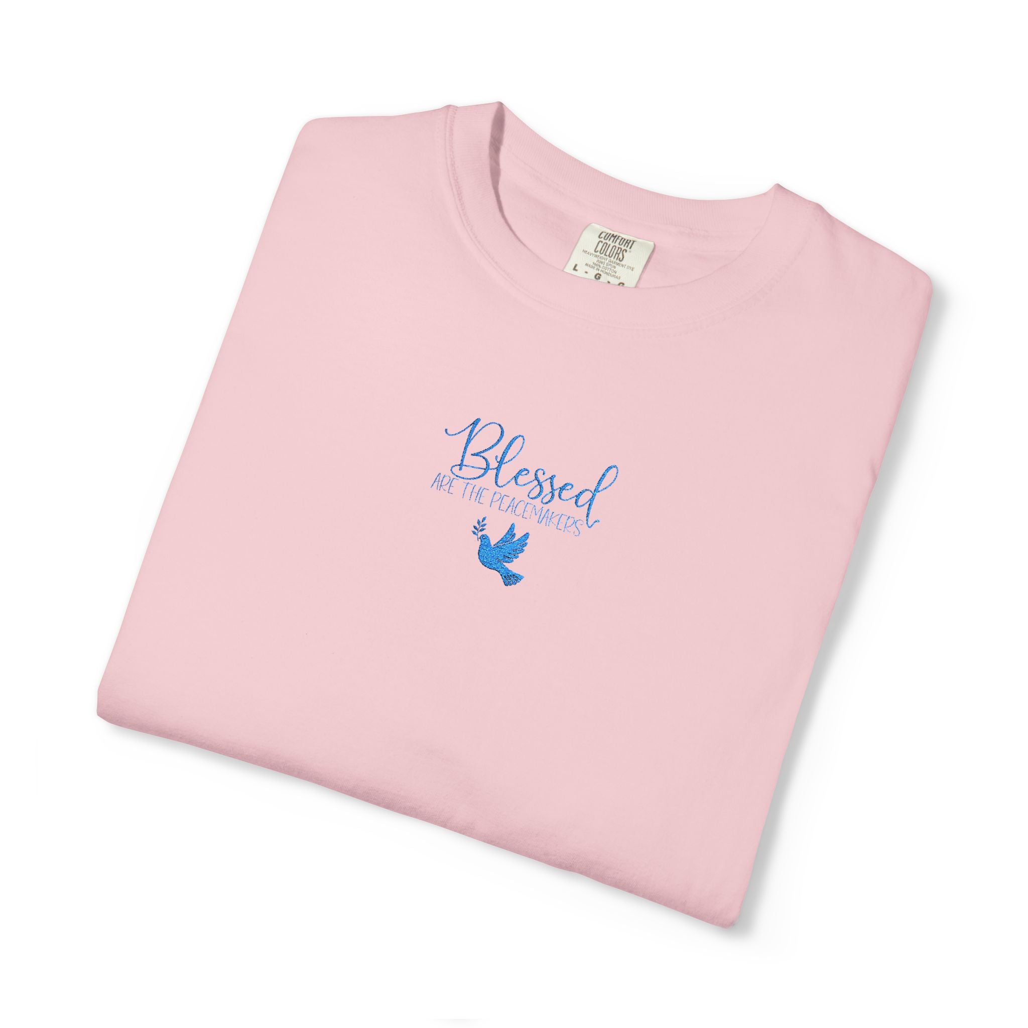 folded 'Blessed are the Peacemakers' embroidered t-shirt in blossom