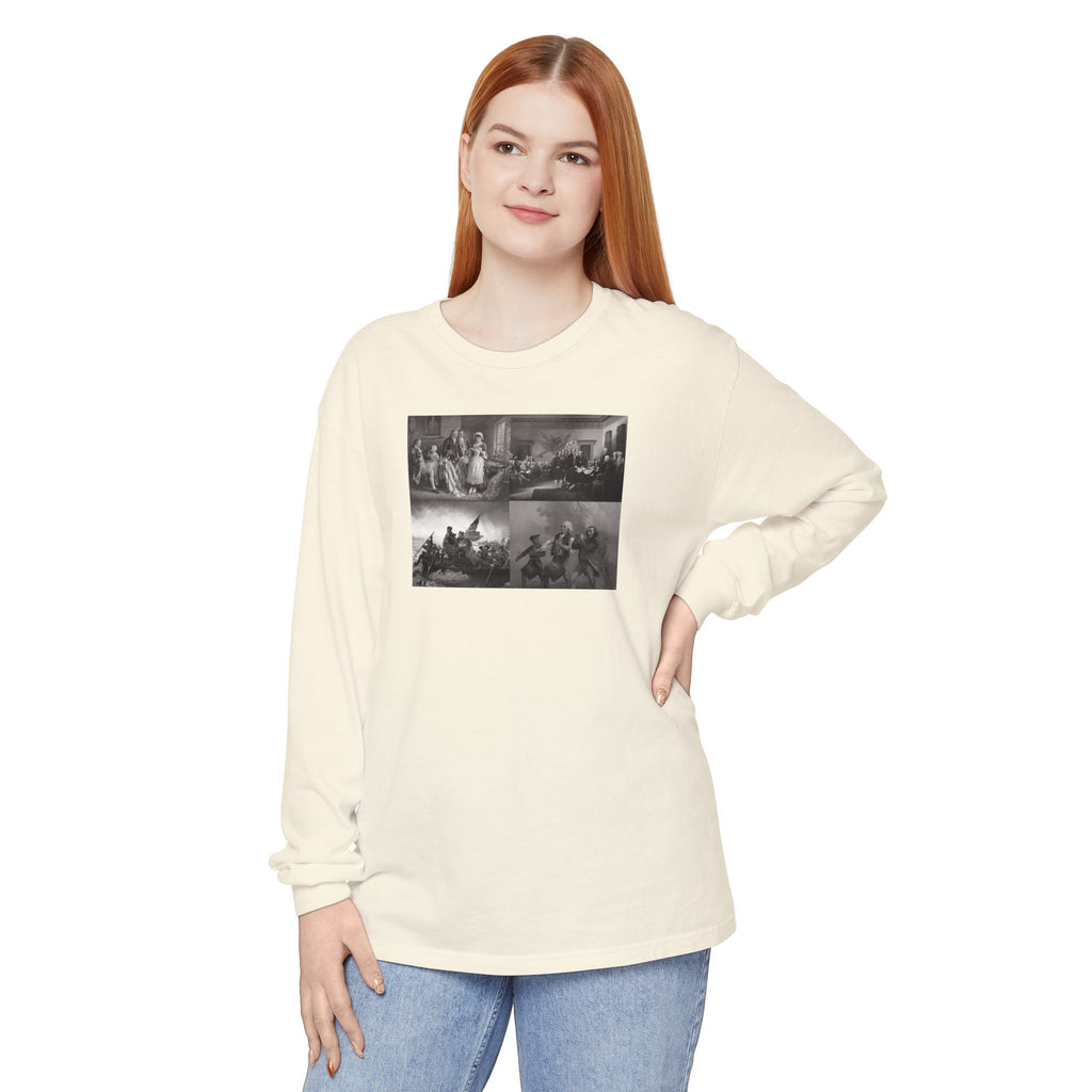 Woman wearing a Ivory Comfort Colors t-shirt with a montage of revolutionary war era paintings
