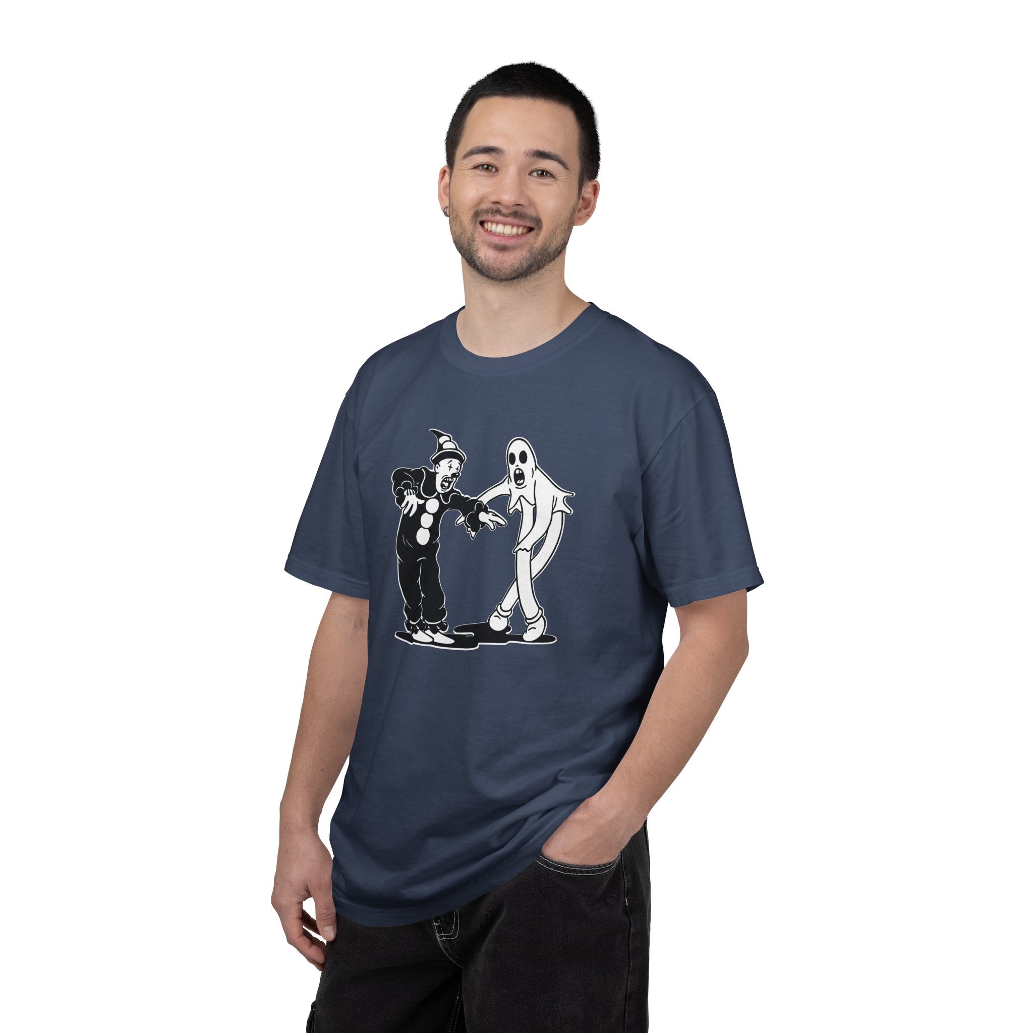 Person wearing Koko the Clown Dancing Ghost meme t-shirt in midnight