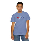 Female model wearing washed denim America 250 embroidered t-shirt