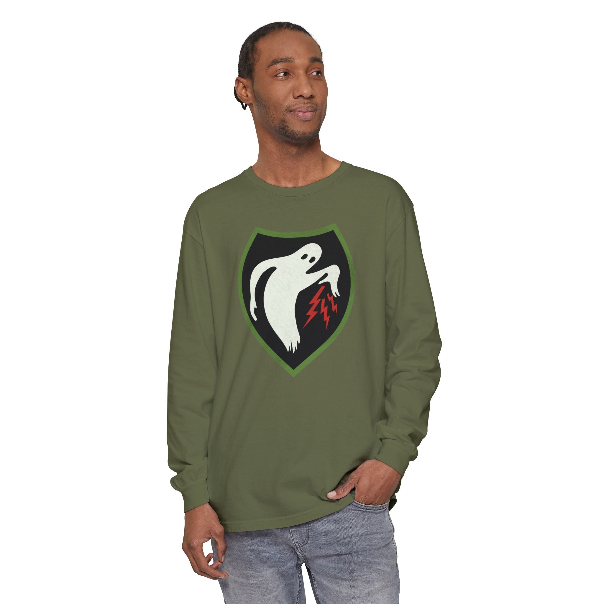 Man wearing Ghost Army long sleeve t-shirt in Hemp
