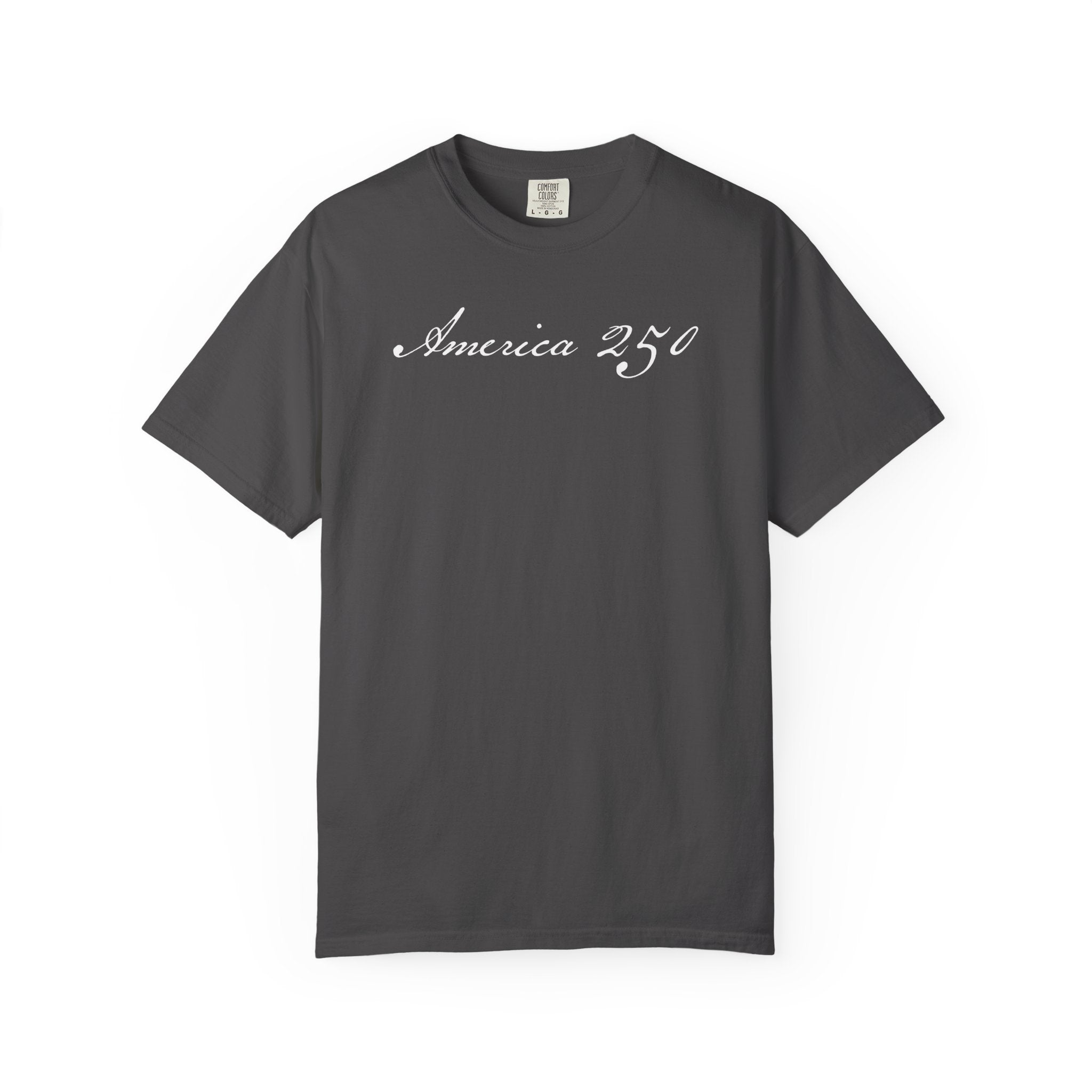 America 250 script patriotic t-shirt with  elegant script lettering in graphite