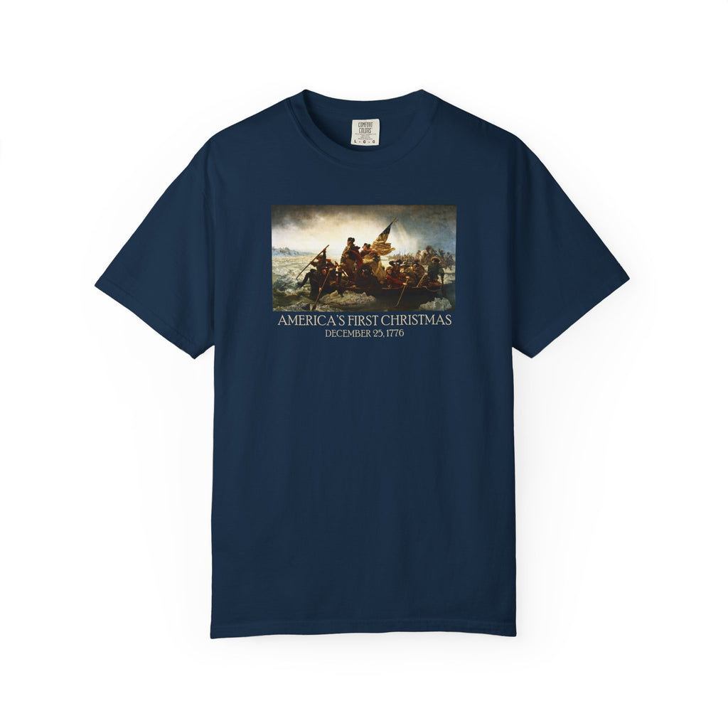 America's First Christmas meme t-shirt Washington Crossing the Delaware 1776 patriotic design in true navy