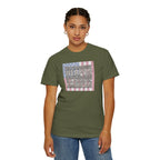 woman wearing 'The Strongest Weapon in the United States is a Patriotic American' t-shirt in hemp