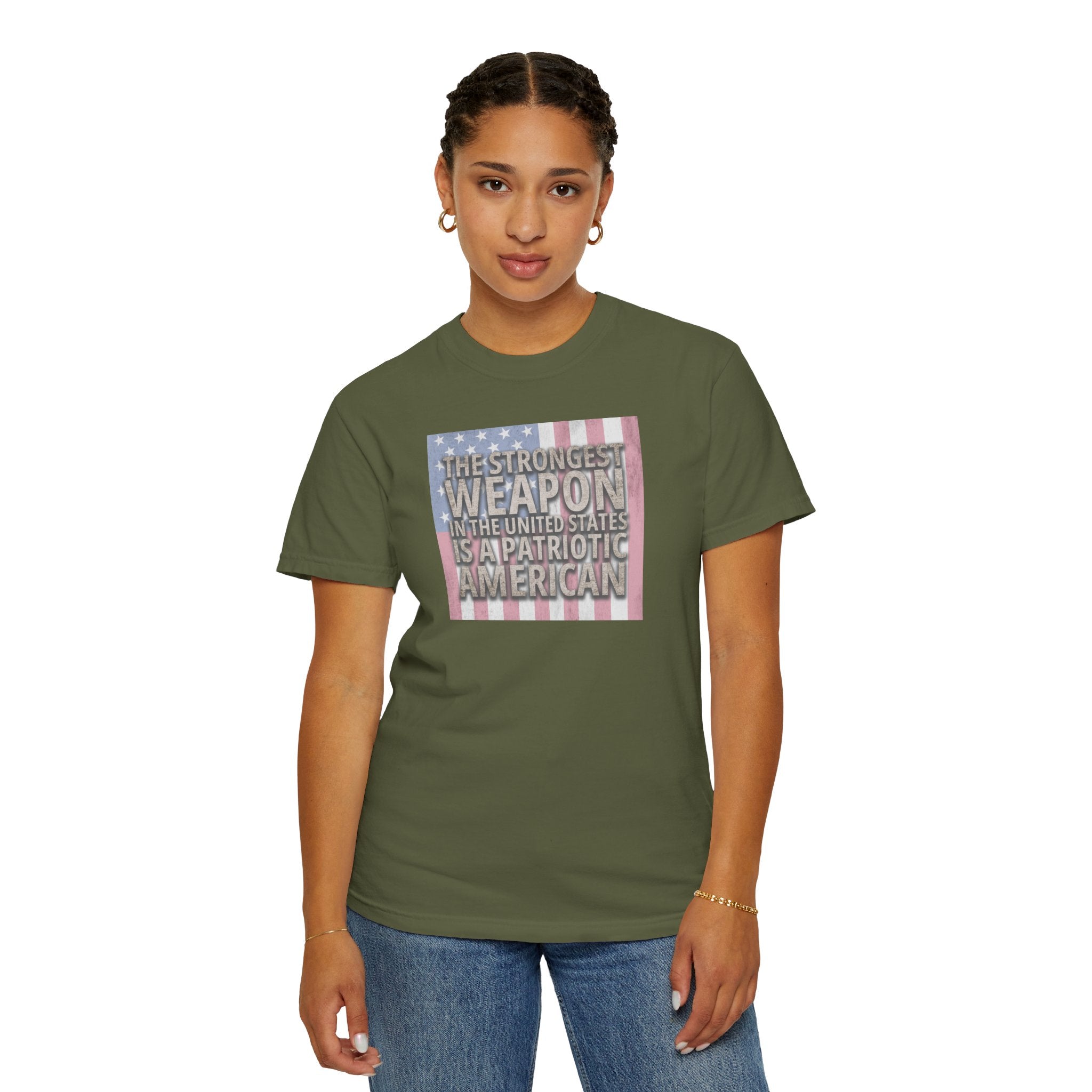 woman wearing 'The Strongest Weapon in the United States is a Patriotic American' t-shirt in hemp