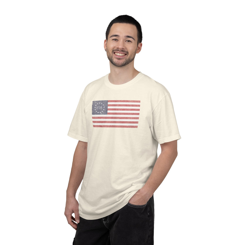 Male model wearing distressed 1776 Betsy Ross flag t-shirt in ivory