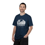 Man wearing Stronger Than The Storm faith t-shirt in true navy 