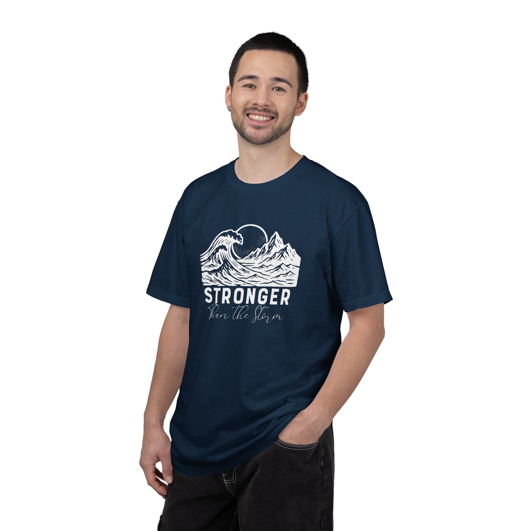 Man wearing Stronger Than The Storm faith t-shirt in true navy 
