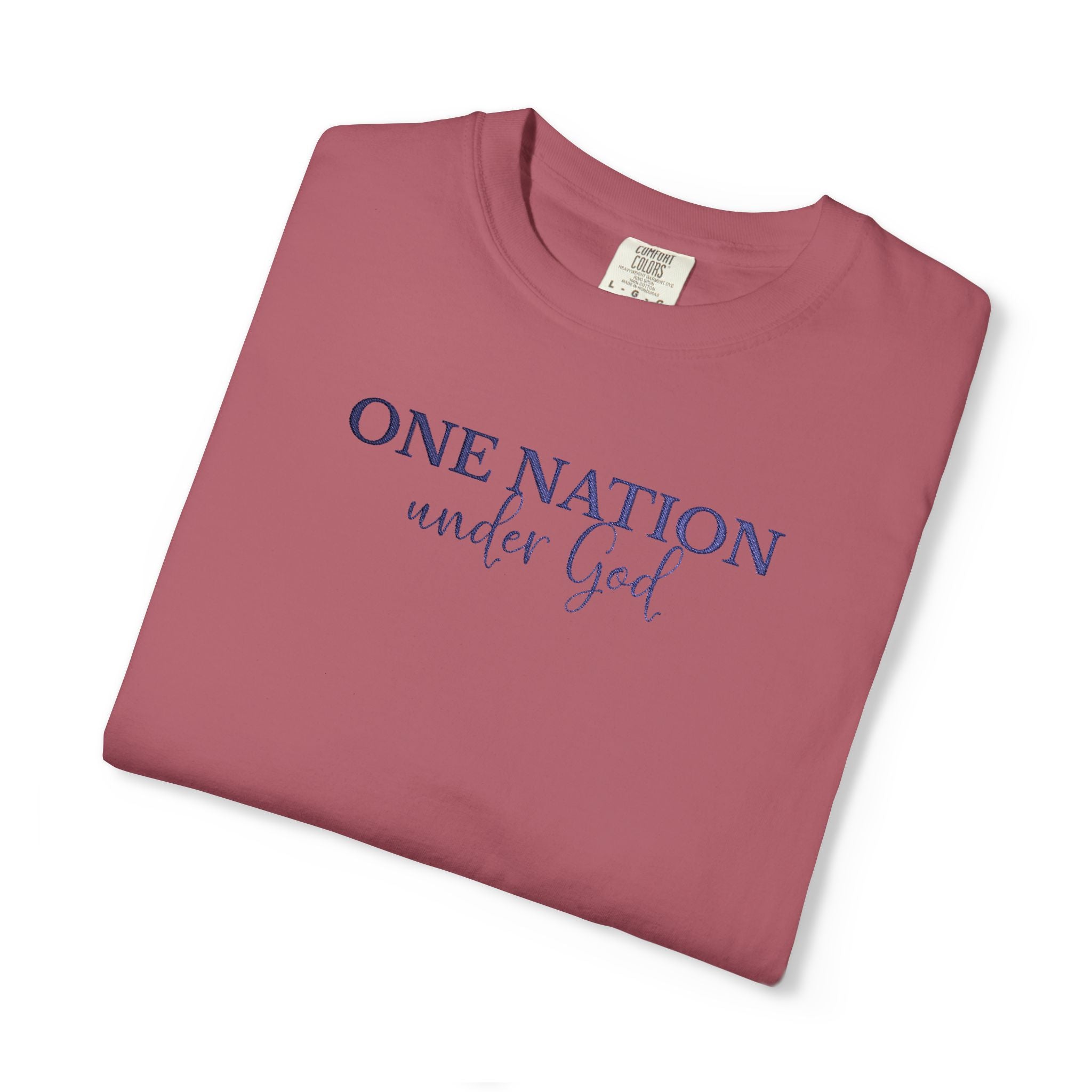 t-shirt with 'One Nation under God' embroidered in blue thread, crimson Folded 