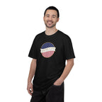 Man wearing a Black Comfort Colors t-shirt with an America 250 design with text 'America 250 Welcome to the Golden Age'