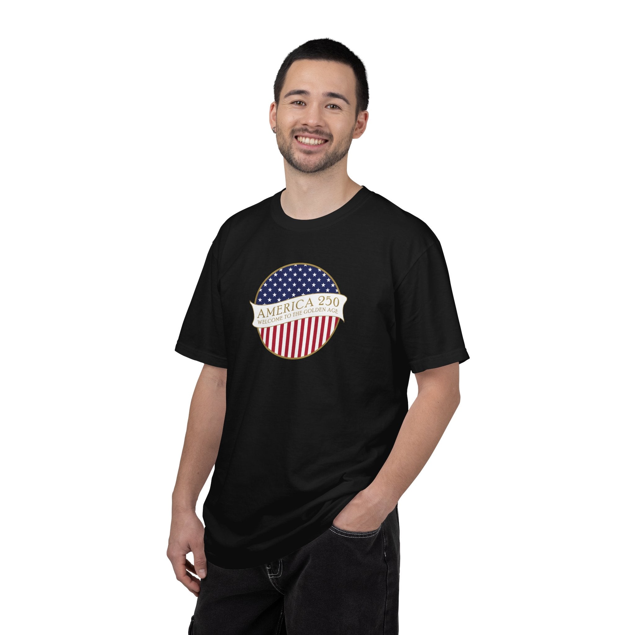 Man wearing a Black Comfort Colors t-shirt with an America 250 design with text 'America 250 Welcome to the Golden Age'