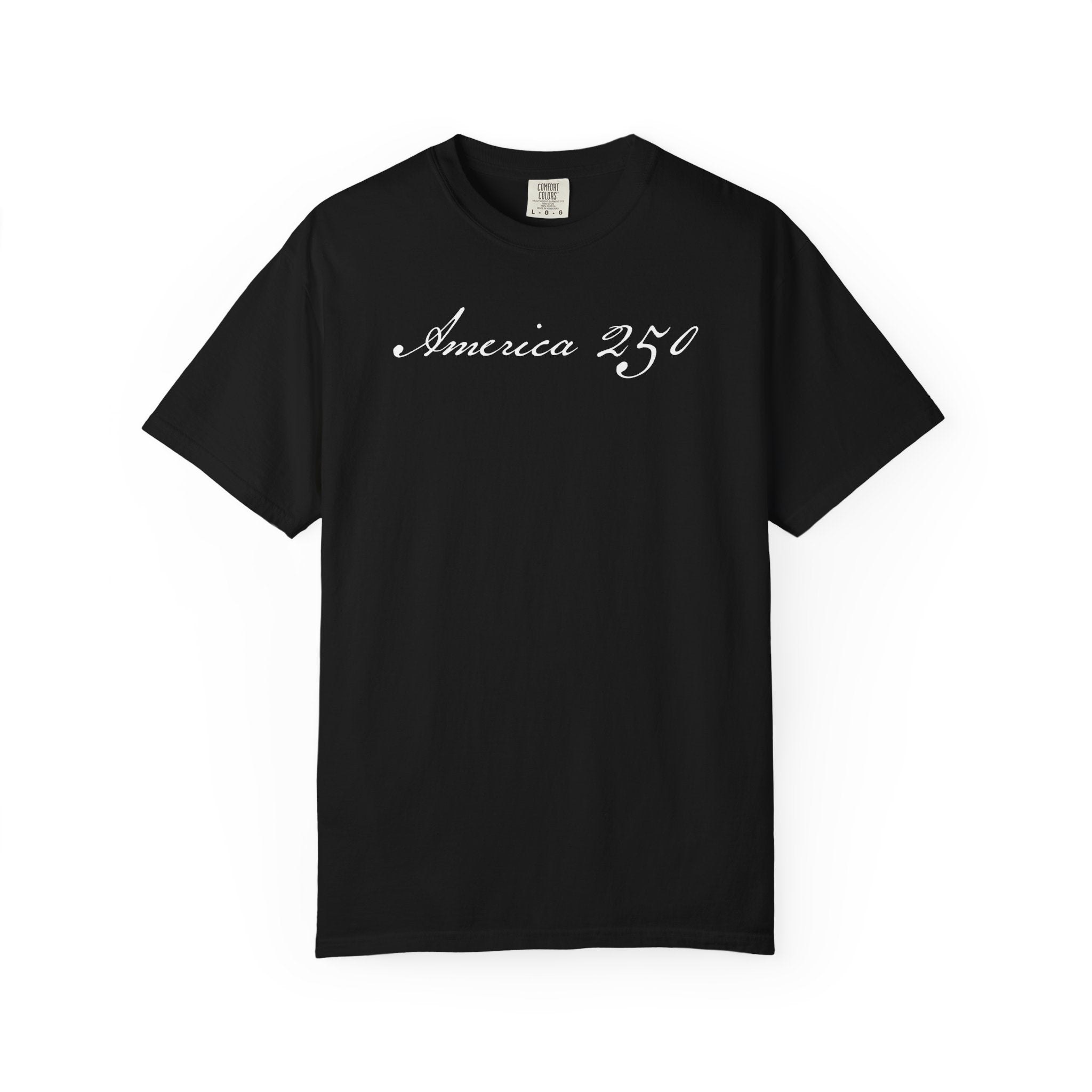America 250 script patriotic t-shirt with  elegant script lettering in black