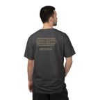 Back view of man wearing George Washington tee with Farewell Address quote spine in graphite