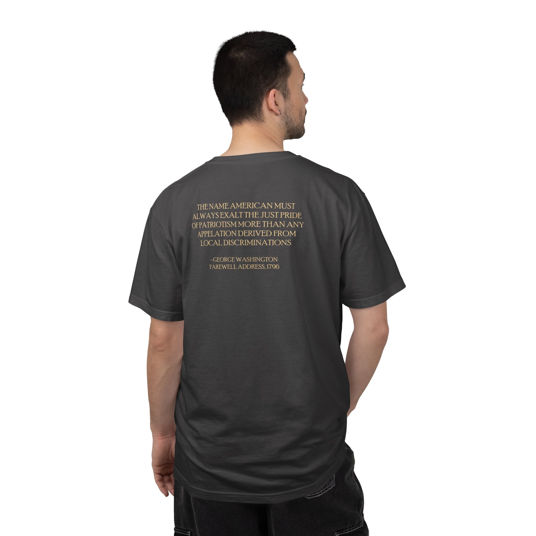 Back view of man wearing George Washington tee with Farewell Address quote spine in graphite