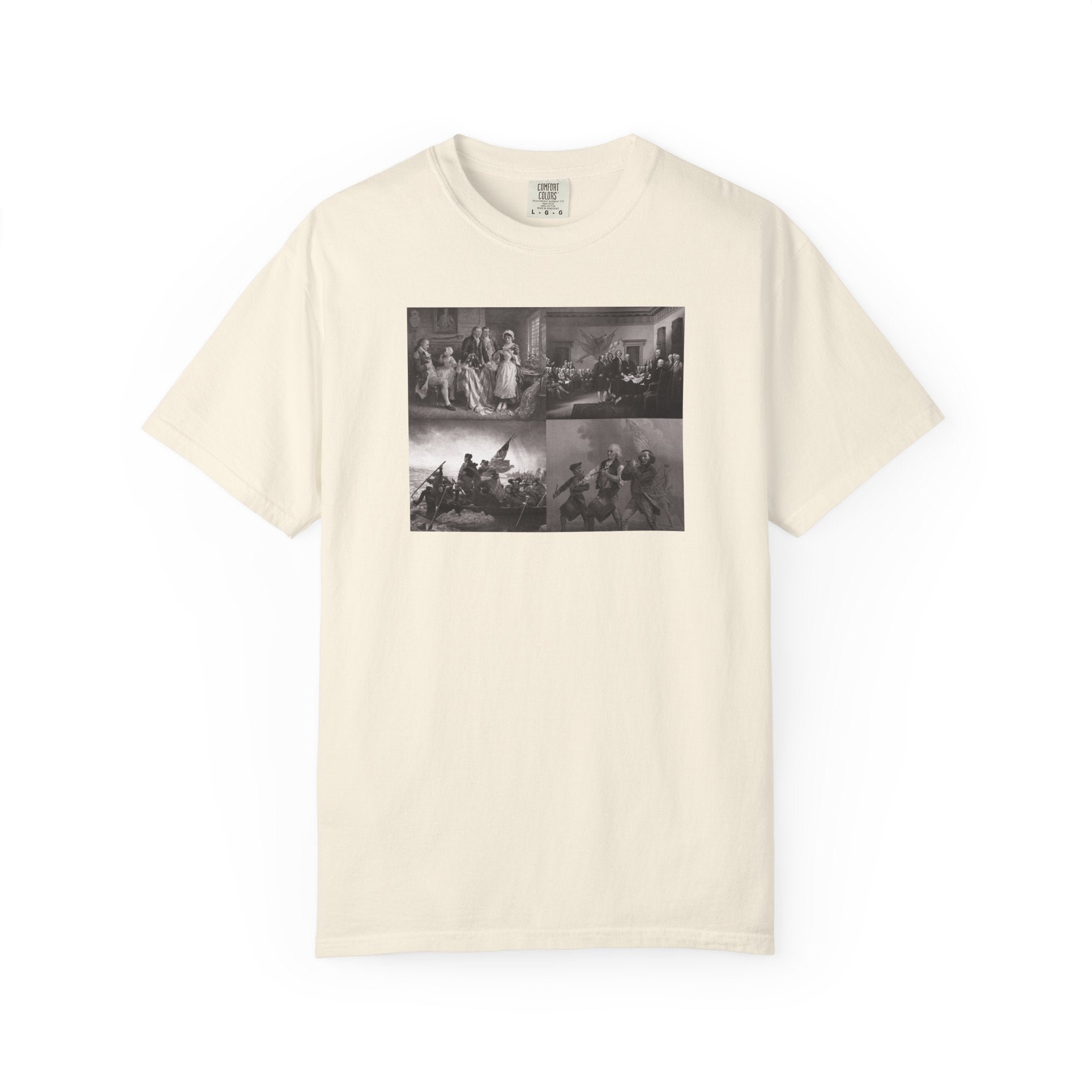 Ivory Comfort Colors t-shirt printed with a montage of four revolutionary war era paintings