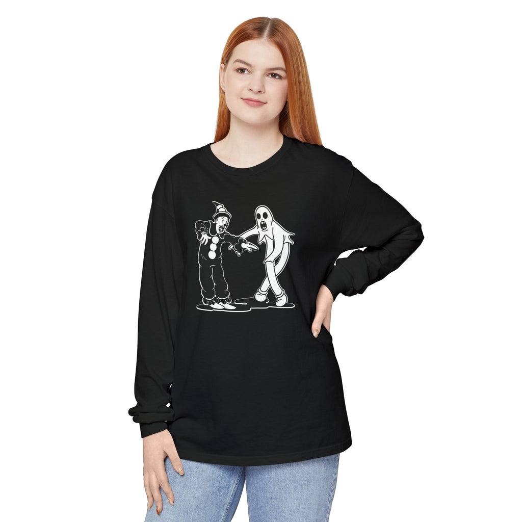 Woman wearing Koko the Clown and Dancing Ghost long sleeve t-shirt in black