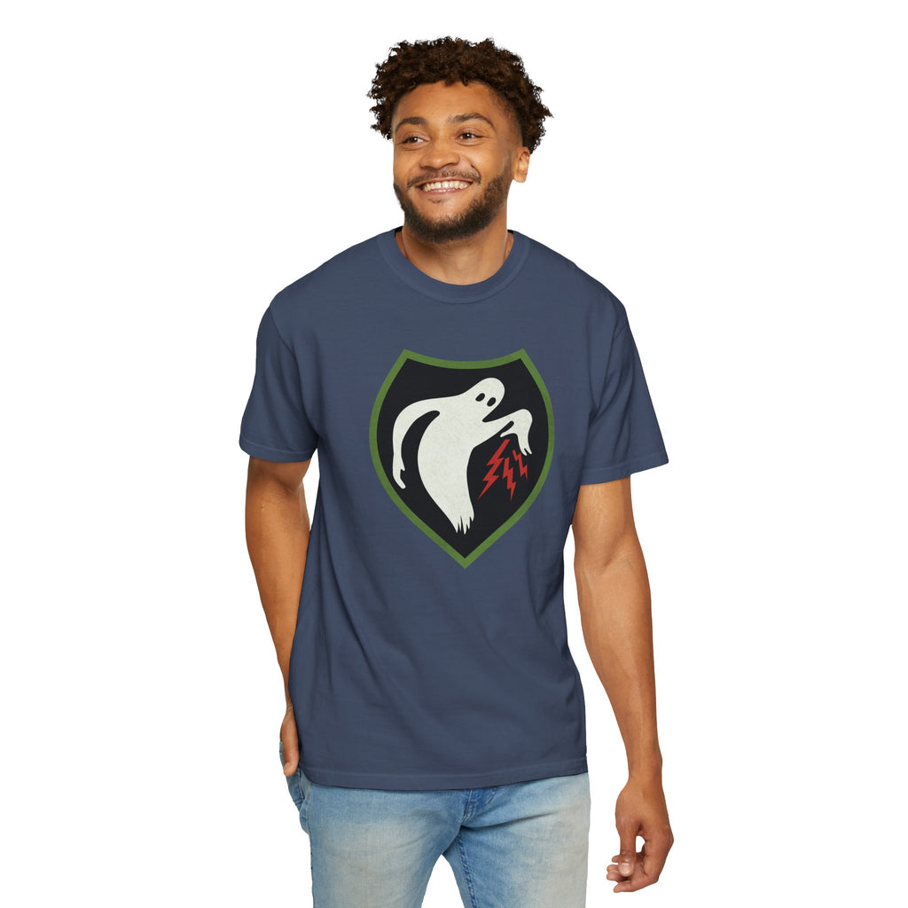 Smiling man wearing Ghost Army patriotic t-shirt in midnight