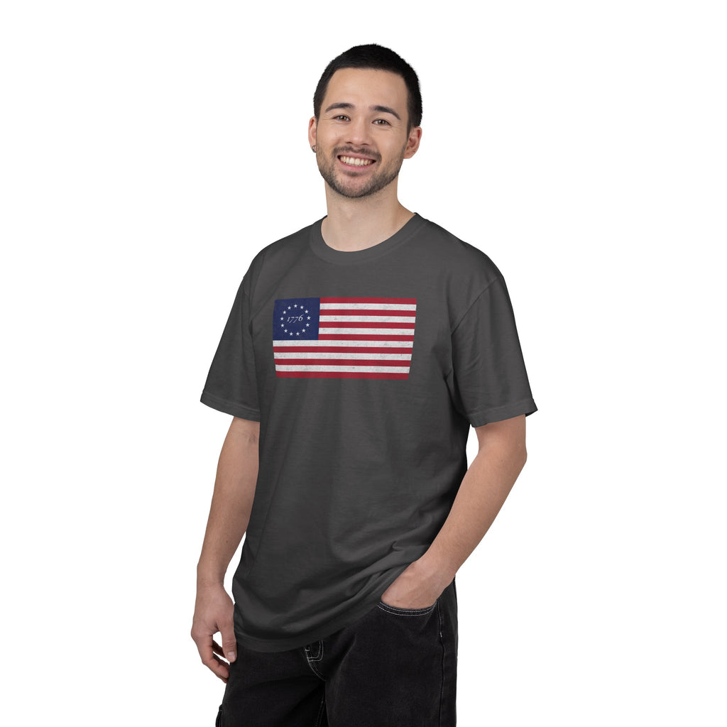 Male model wearing distressed 1776 Betsy Ross flag t-shirt in graphite