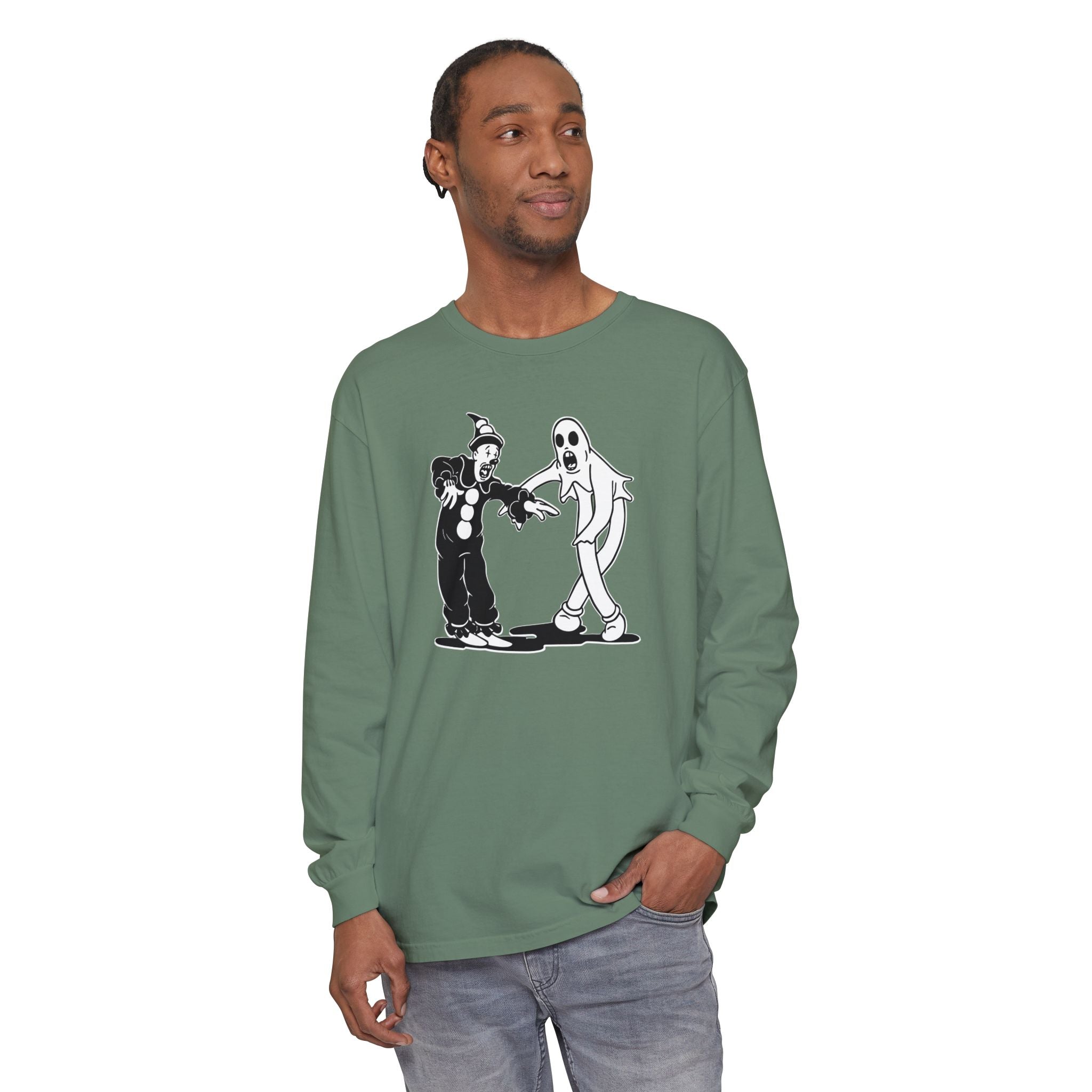 Man wearing Koko the Clown and Dancing Ghost long sleeve t-shirt in light green