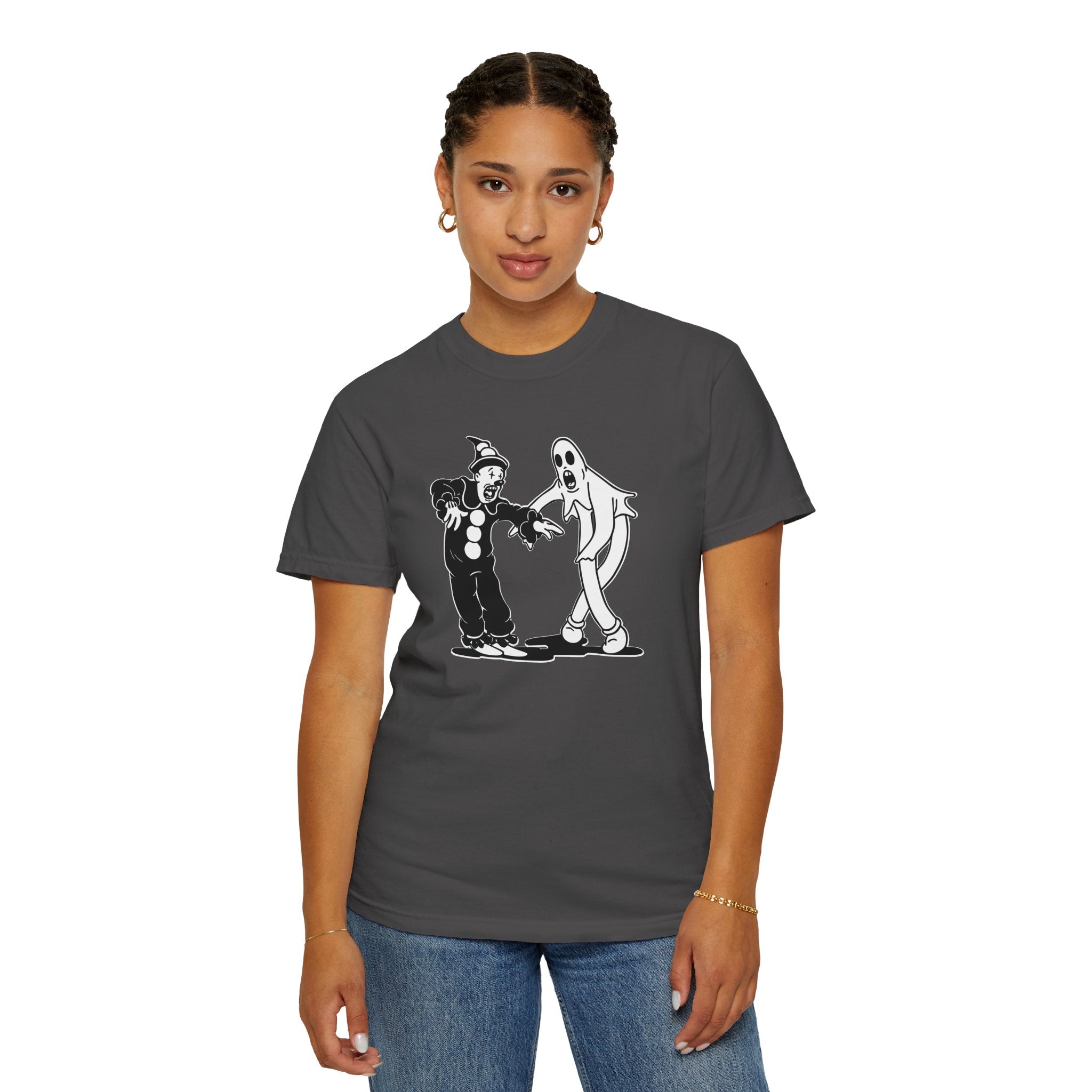 Woman wearing Koko the Clown Dancing Ghost meme t-shirt in graphite