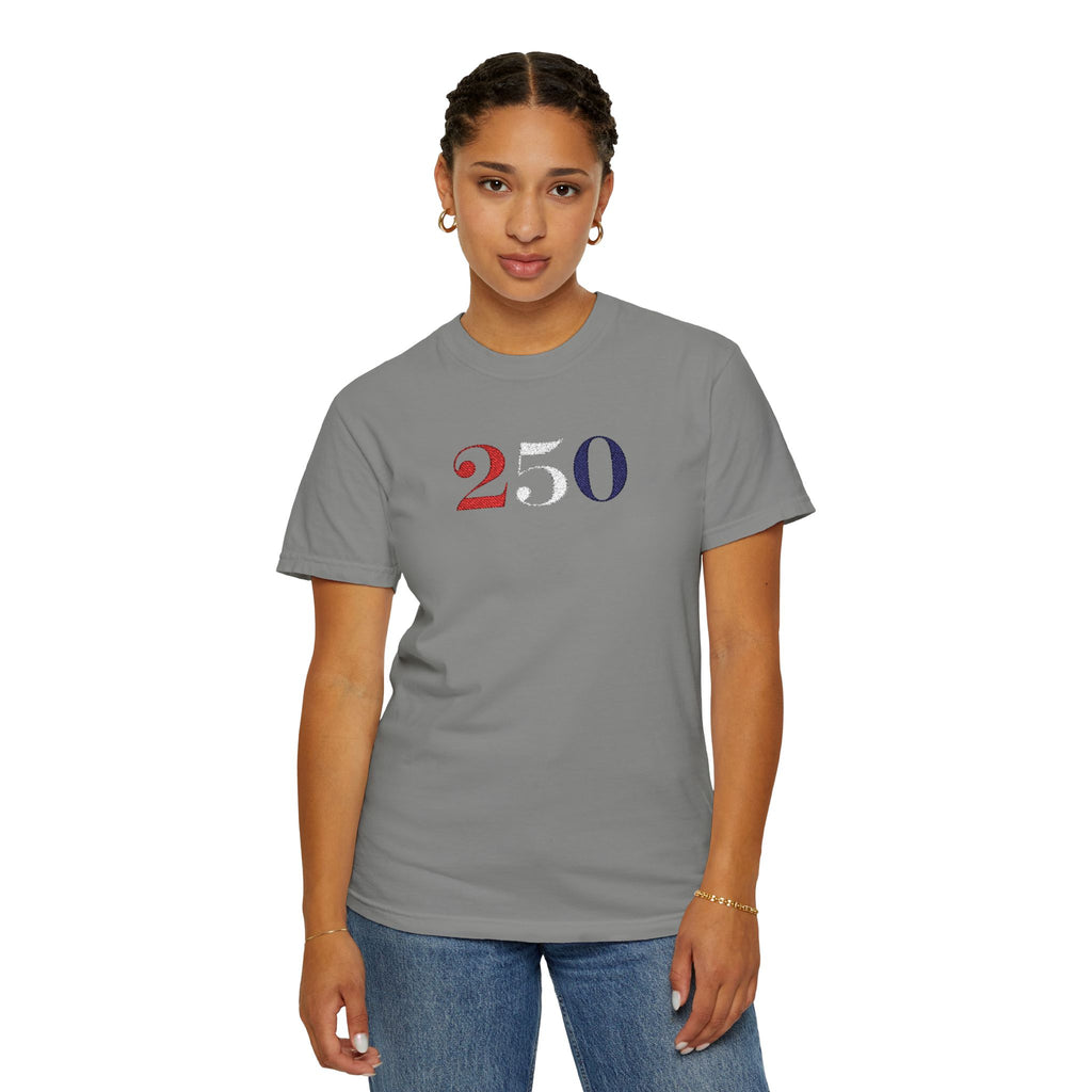 Female model wearing granite America 250 embroidered t-shirt