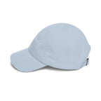 Side view of a light blue baseball cap 