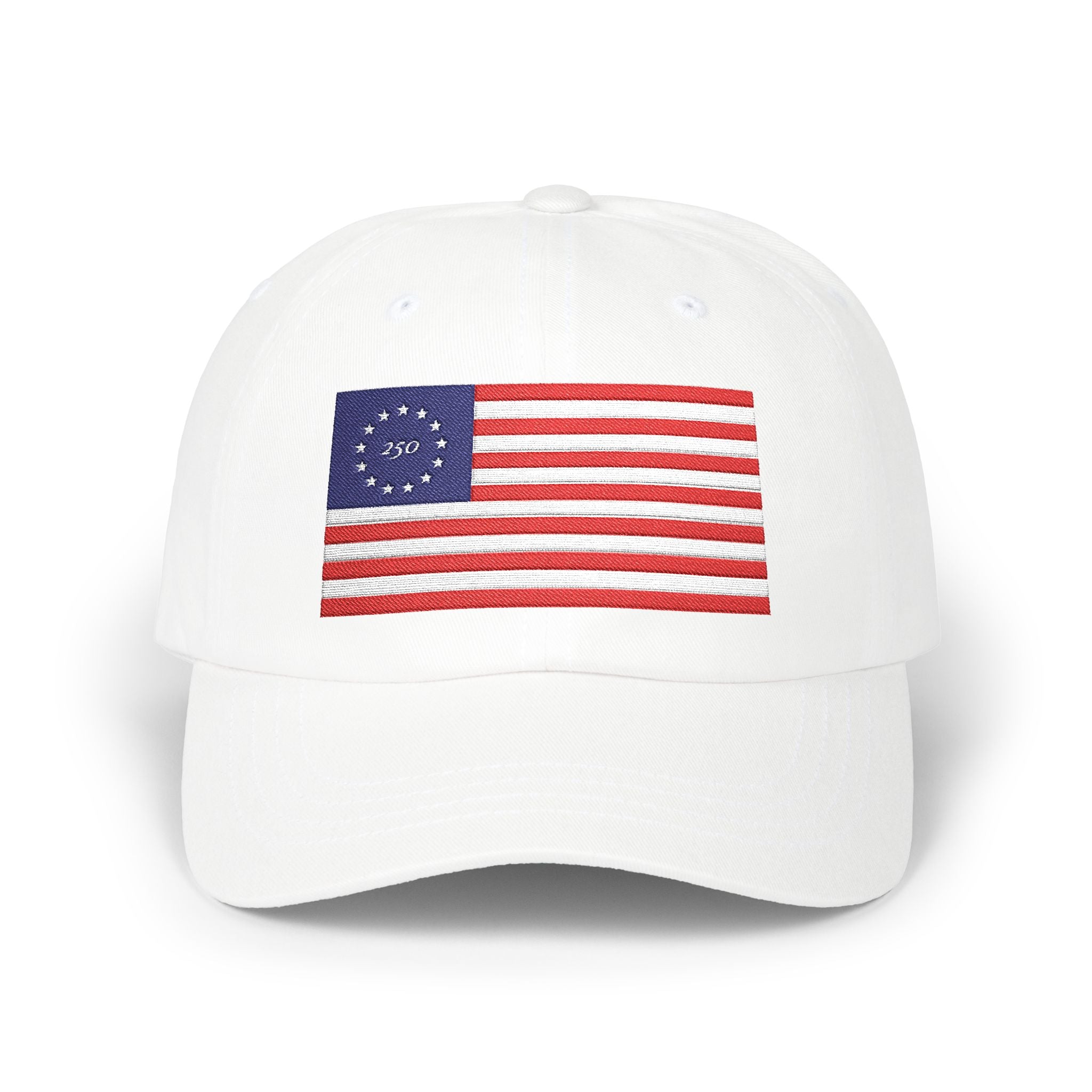 Betsy Ross flag embroidered dad cap with '250' in the stars circle in white, patriotic America 250 design